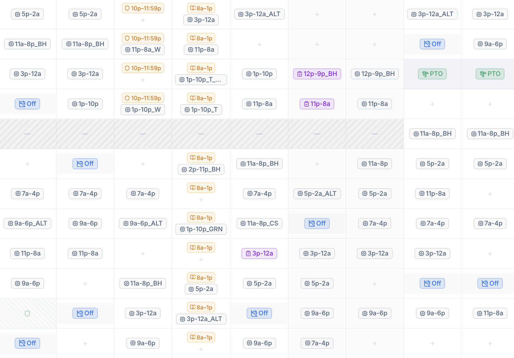 The EM Scheduling schedule builder — a residency block with color-coded shifts laid out across residents and days